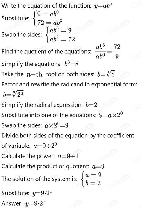 Solved Write An Exponential Function In The Form Y Ab X That Goes Through Points 0 9 And 3