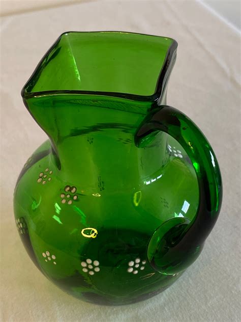 Lovely Antique Hand Blown Enamelled Green Glass Jug Etsy