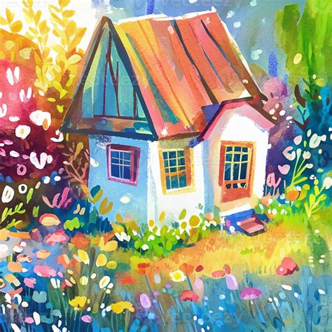 Colorful Watercolor Country Cottage Scene AI Generative 28101103 PNG