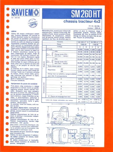 SAVIEM FICHE TECHNIQUE CHASSIS TRACTEUR SM 260 HT A De 1973 EUR 4