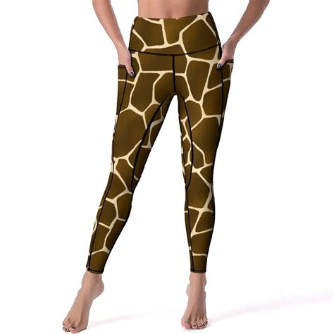 Giraffe Print Yoga Pants Pockets Blue And White Leggings Sexy Push Up Vintage Yoga Sport Legging