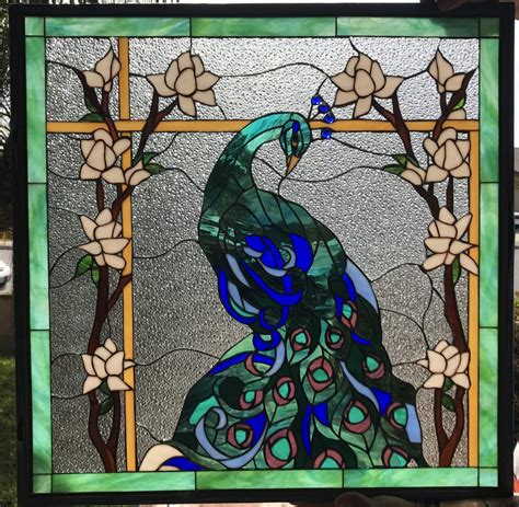 Magnificent Peacock & Magnolia Flowers Leaded Stained Glass Window Panel