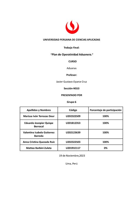 Tf Aduanas Grupo Universidad Peruana De Ciencias Aplicadas Trabajo