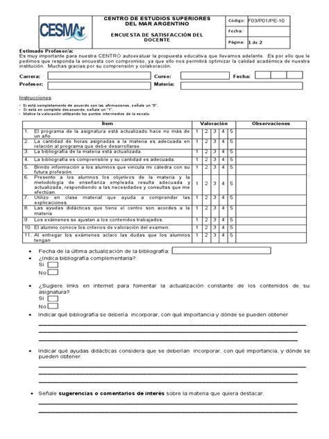 Encuesta De SatisfacciÓn Del Docente Omi Cesmar Pdf Maestros