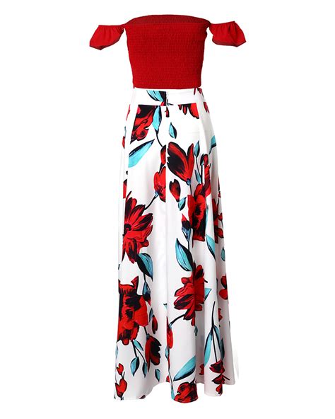 Off Shoulder Ruffles Top And Floral Print High Slit Skirt Set