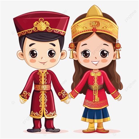 Couple Of Cartoon Characters In Malaysia Traditional Costume, Asean ...