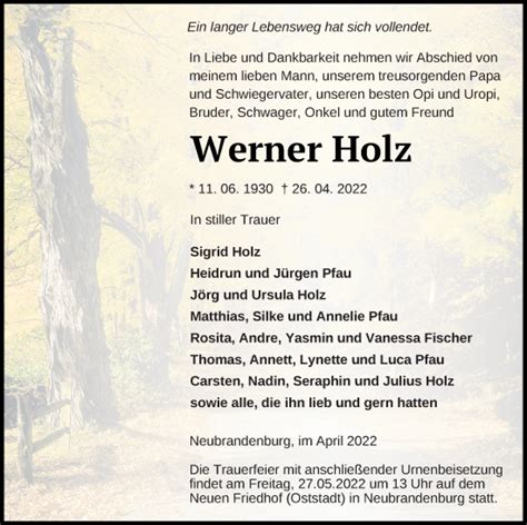 Traueranzeigen Von Werner Holz Trauer Nordkurier