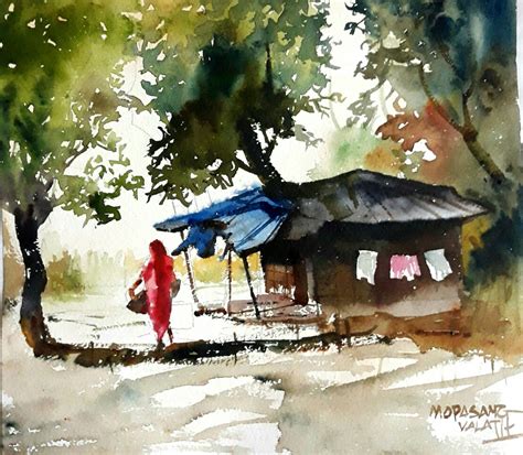 Village Life 1 Watercolor Art Landscape Canvas Painting Indian