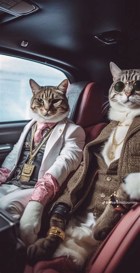 Two Cats Sitting In The Back Seat Of A Car One Wearing A Suit And Tie