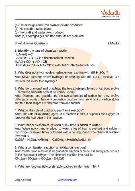 Cbse Class 10 Science Chapter 1 Chemical Reactions And Equations Important Questions