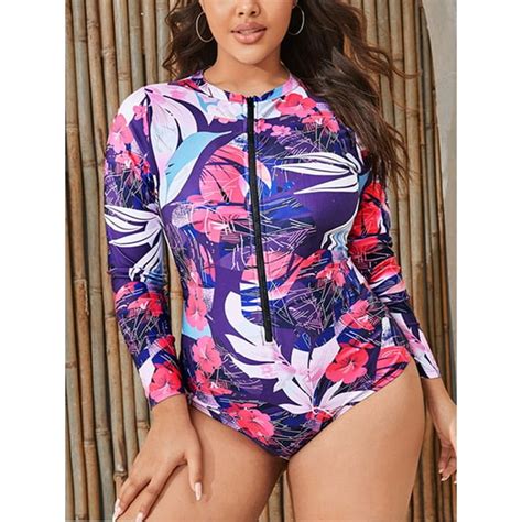 Beautyin Women Plus Size Rash Guard One Piece Swimsuit Long Sleeve