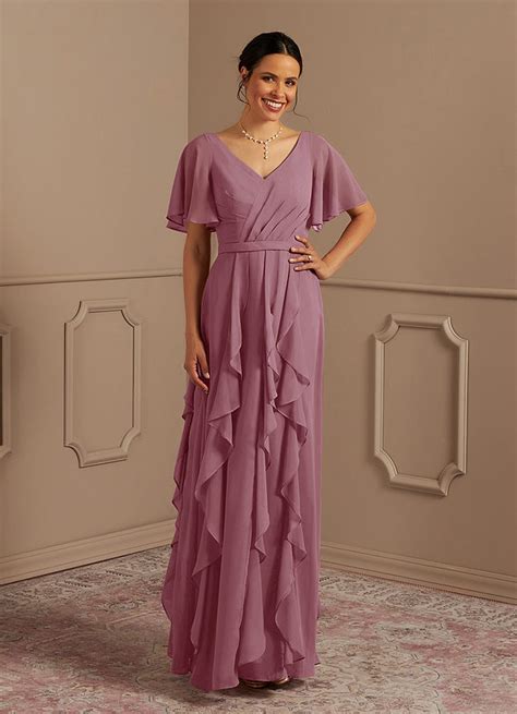 Mauve Vintage Azazie Watson Robe A Ligne Col En V Longueur Ras Du Sol