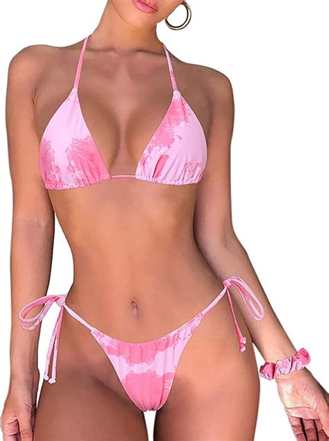 Eledobby Thong Bottom Halter Neck Bikinis For Women Triangle Bikini Set