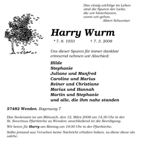 Traueranzeigen Von Harry Wurm Trauer In NRW De