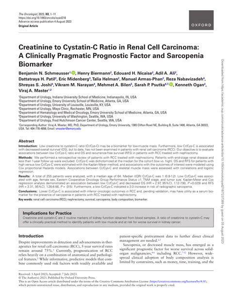 PDF Creatinine To Cystatin C Ratio In Renal Cell Carcinoma A