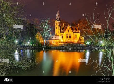 Fairytale Night Landscape At Lake Minnewater In Bruges Belgium Stock