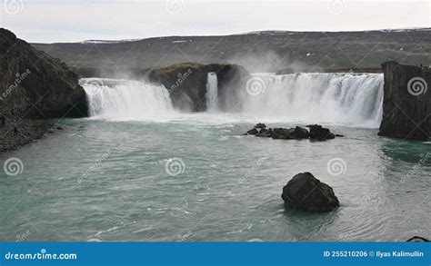 Tripod Footage Of Godafoss Waterfall With Three Water Streams Stock