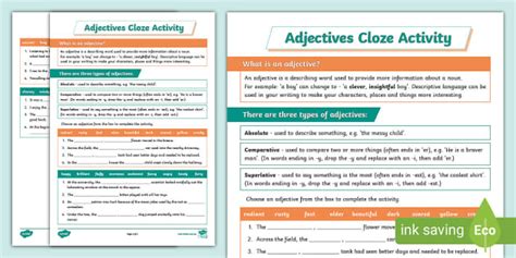 Adjective Cloze Passage Worksheets Twinkl Profesor Hizo