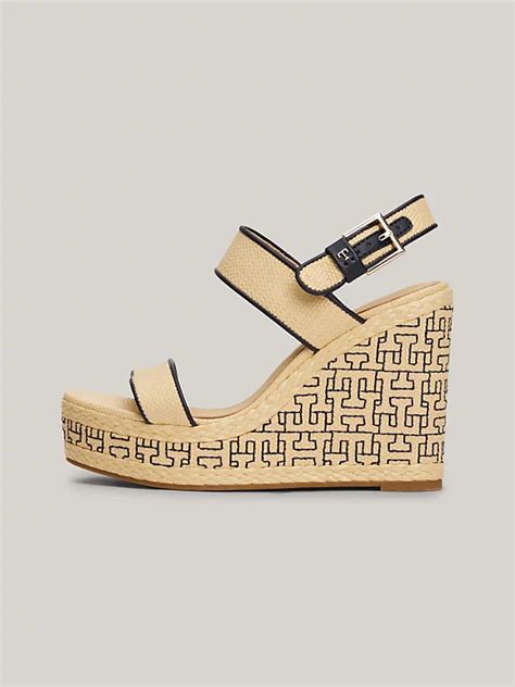 Th Monogram Raffia Wedge Platform Sandals Beige Tommy Hilfiger