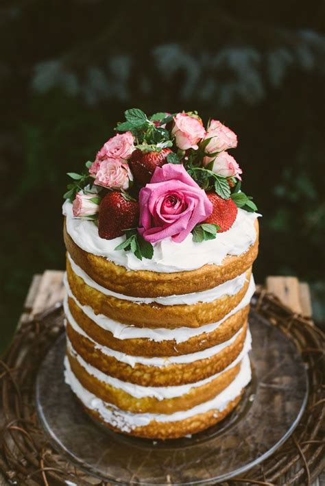 Blonde Naked Cake Topped With Berries And Roses Bohemian Chic