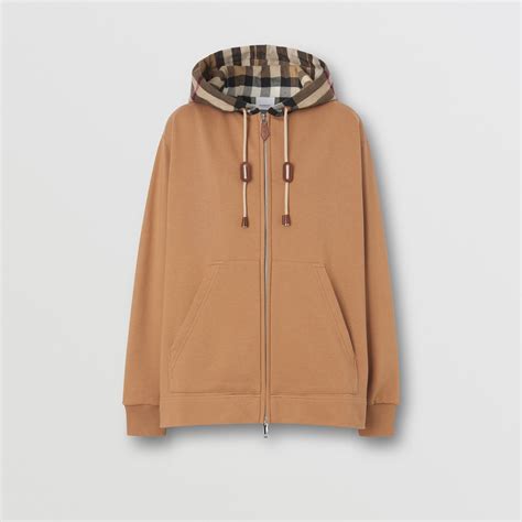 Check Hood Cotton Oversized Zip Hoodie In Camel Women Burberry® Official