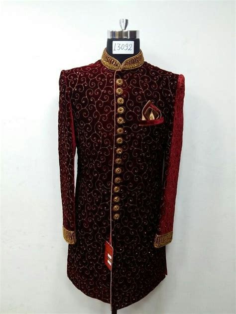 Maroon Embroidered Velvet Traditional Groom Sherwani Suit At Rs 10999