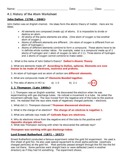 History Of The Atom Worksheet Docsity