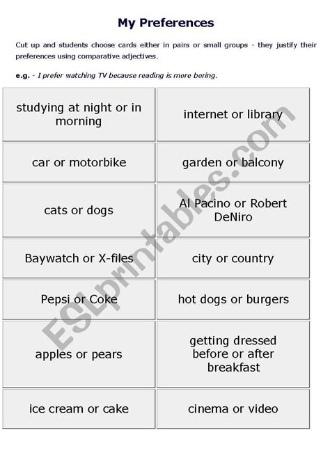 My Preferences Esl Worksheet By Madhagehog