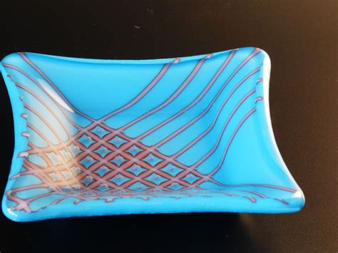 Spectrum Glass Platter Using Turquoise Blue Opal With Red Reactive Stringers Fused Glass Bowl