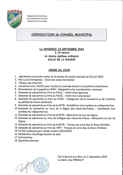 Convocation Du Conseil Municipal Vendredi 15 Septembre 2023 Barisis