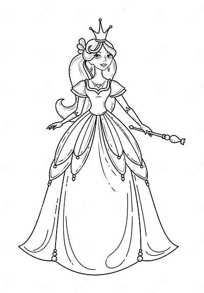 Princess Line Art Standing In Beautiful Dress With Magic Wand Stock Vector Illustration Of