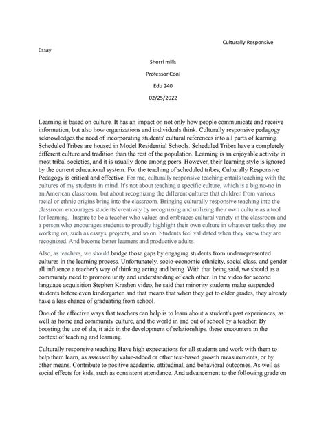 Cultural Responsive Essay Sm Culturally Responsive Essay Sherri Mills Professor Coni Edu 240