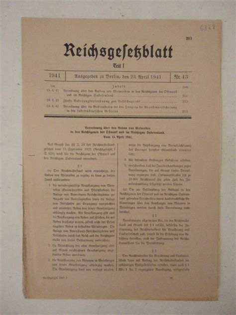 Reichsgesetzblatt Teil I Nr 43 vom 23 April 1941 Verordnung über den