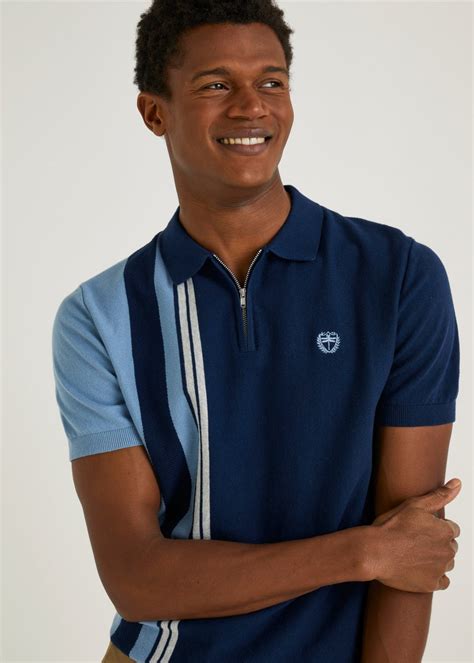 Navy And Blue Stripe Quarter Zip Polo Shirt Matalan