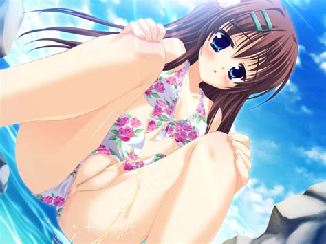 Rule 34 Bikini Bikini Aside Blue Eyes Blush Brown Hair Imouto Smile Long Hair Peeing Small