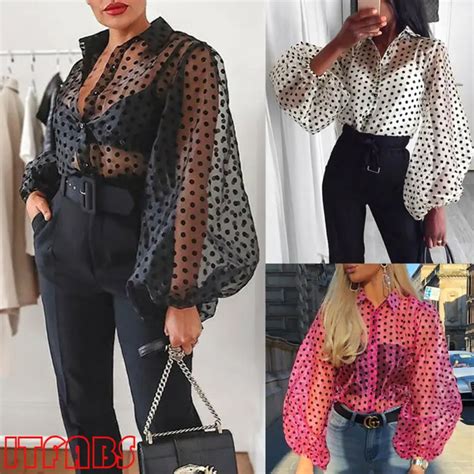 Casual Ladies Blouse Polka Dot Women Lace Mesh Sheer See Through Long