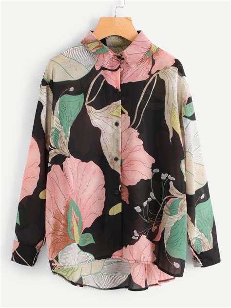 All Over Florals Dip Hem Shirt Blouse Casual Fashion Dip Hem Shirts