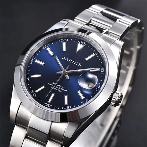 Parnis Reloj de pulsera para hombre con esfera azul reloj mecánico