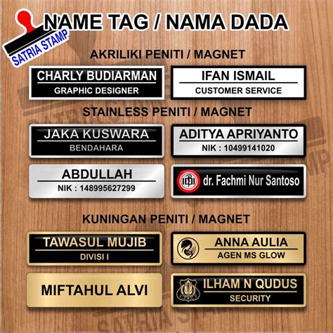 Jual Name Tag Nama Dada Kuningan Stainless Akrilik Peniti Magnet Paku