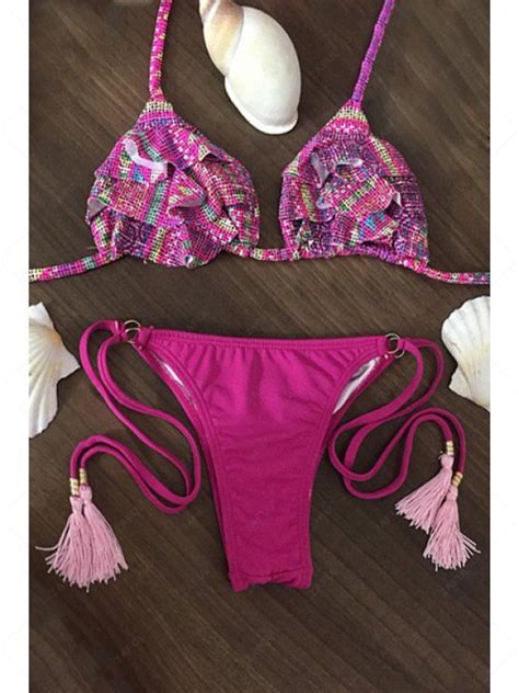 Off Printed Spaghetti Straps Flouncing String Bikini Set In