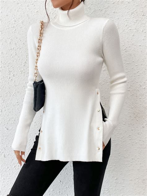 Shein Essnce Turtleneck Button Detail Split Hem Sweater Shein Usa