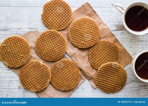 Stroopwafels Caramel Dutch Waffles With Tea Or Coffee Stock Photo