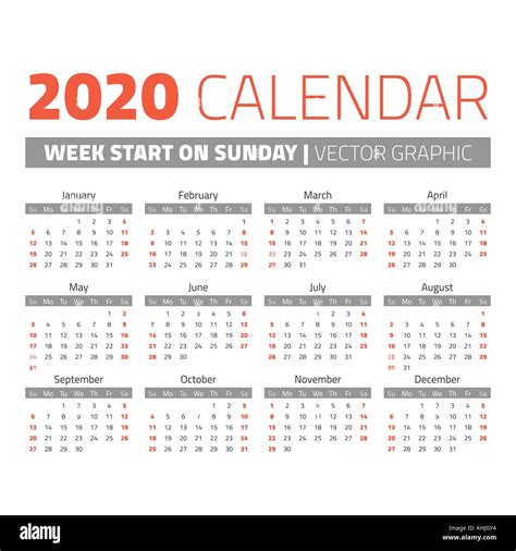 Simple Calendario Del Año 2020 Semanas Comenzará El Domingo Imagen