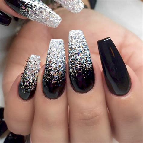 Ombré black and silver glitter nails Silver glitter nails Ombre