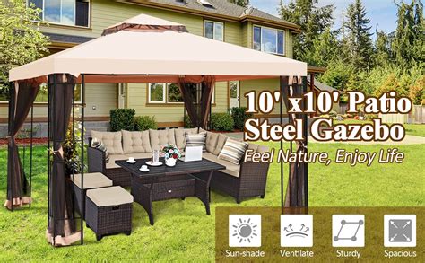 10 x 10 Feet 2-Tier Vented Metal Canopy with Mosquito Netting - Costway