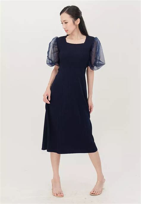 Buy Plain B Plain B Puff Sleeve Square Neck Knitted Midi Dinner Dress