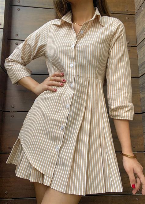 Beige Striped Shirt Dress – diamondlady