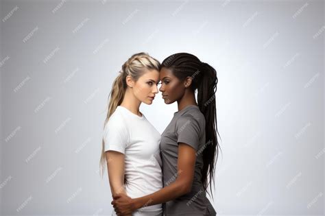 Premium Photo Two Lesbian Multinational Women In Tshirts Hugging On