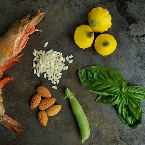 Shrimp And Sugar Snap Pea Risotto With An Almond Basil Pesto Recipe On