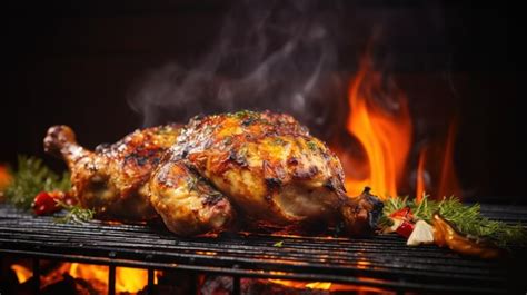 Roasted Chicken On A Barbecue Grill With Flames On A Dark Background